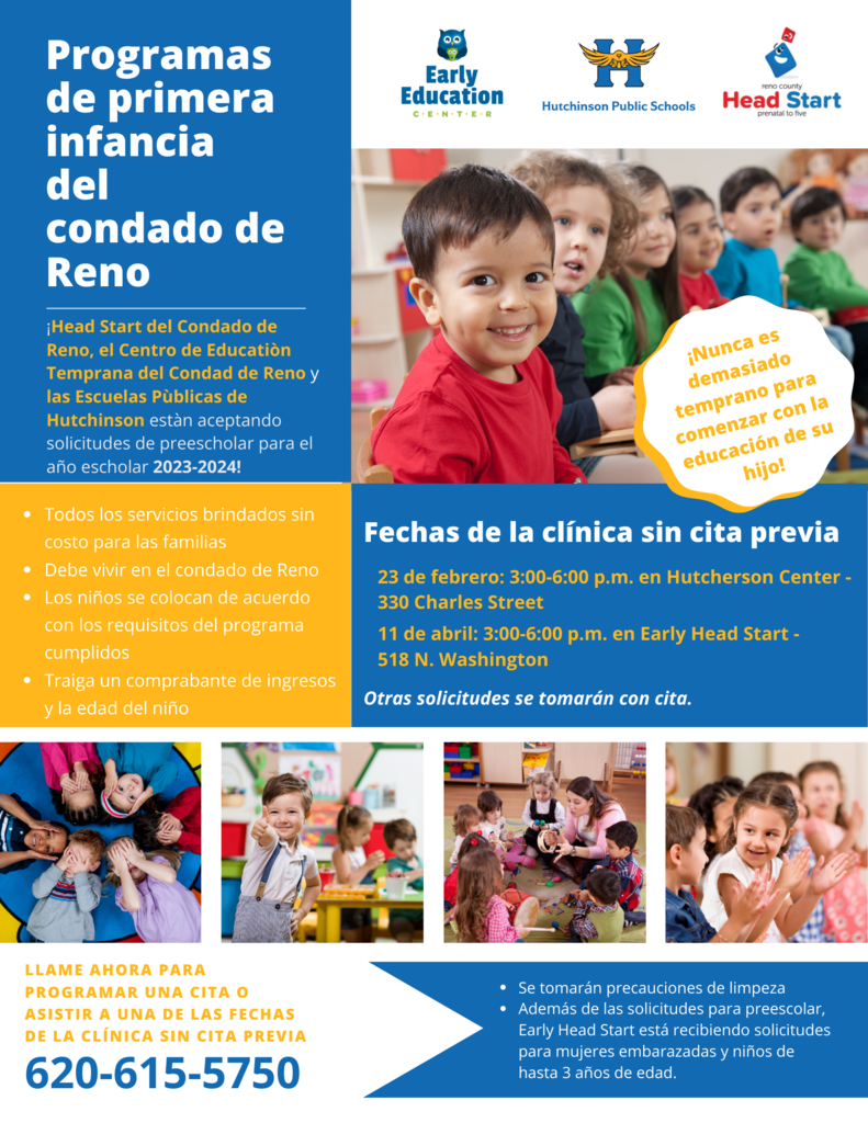 Programas de Primera Infancia del Condado de Reno llame al 620-615-5750 para obtener más información